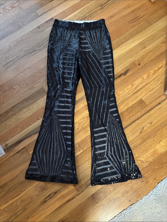 Pants - Black Sheer Sequin Geometric Flared Pants